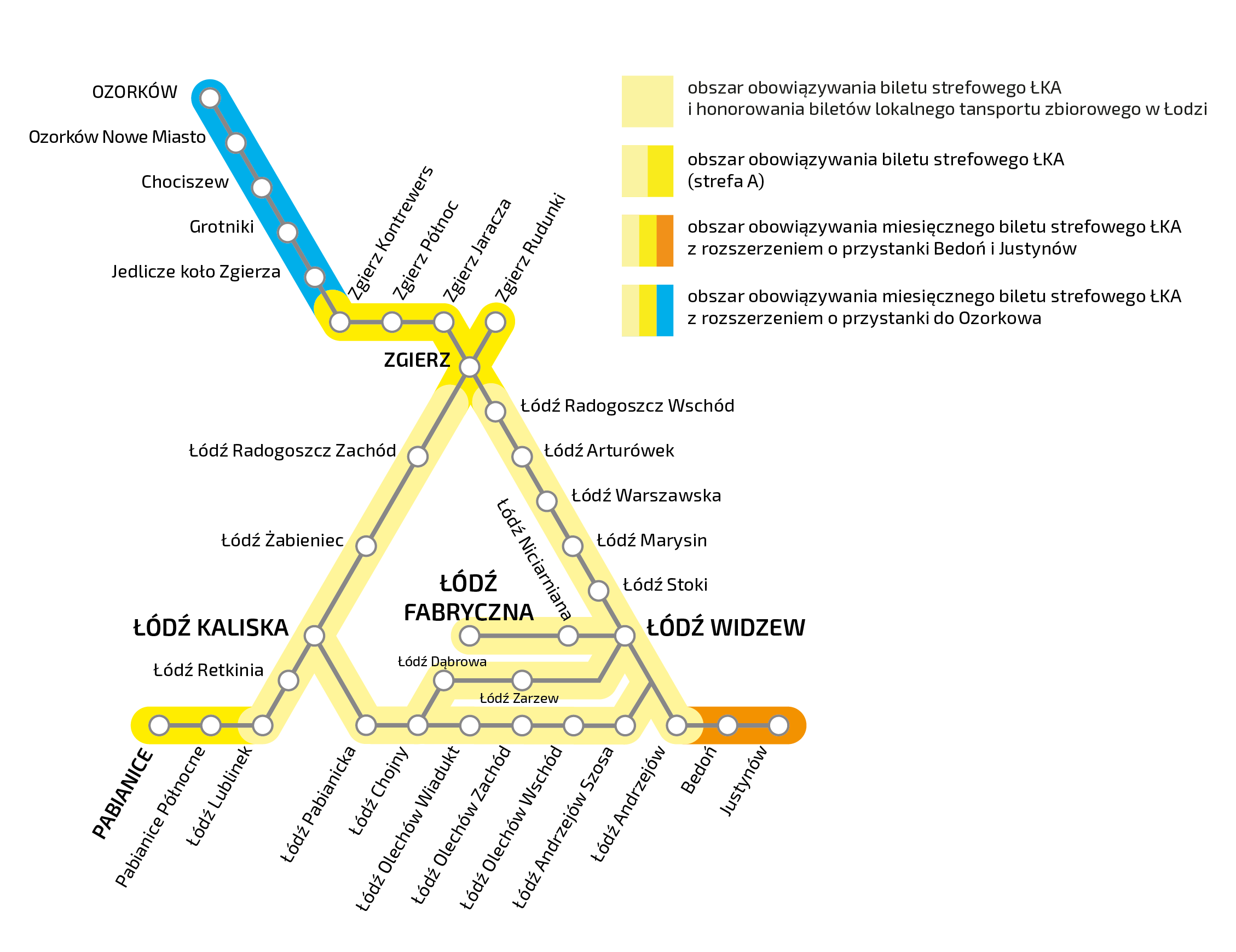 Mapa prezentująca podział obowiązywania biletu strefowego - treść zawarta w tekście powyżej i poniżej.. 